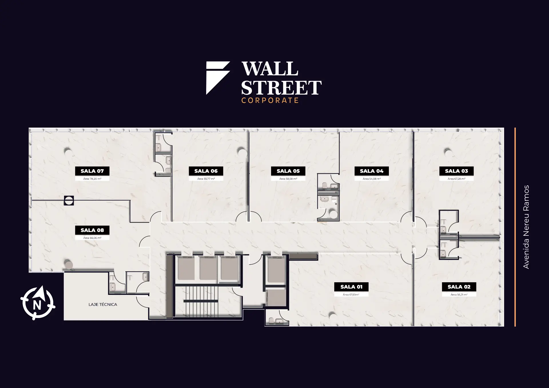 Planta do pavimento tipo com salas de 54 a 78 m² do Wall Street Corporate, Chapecó