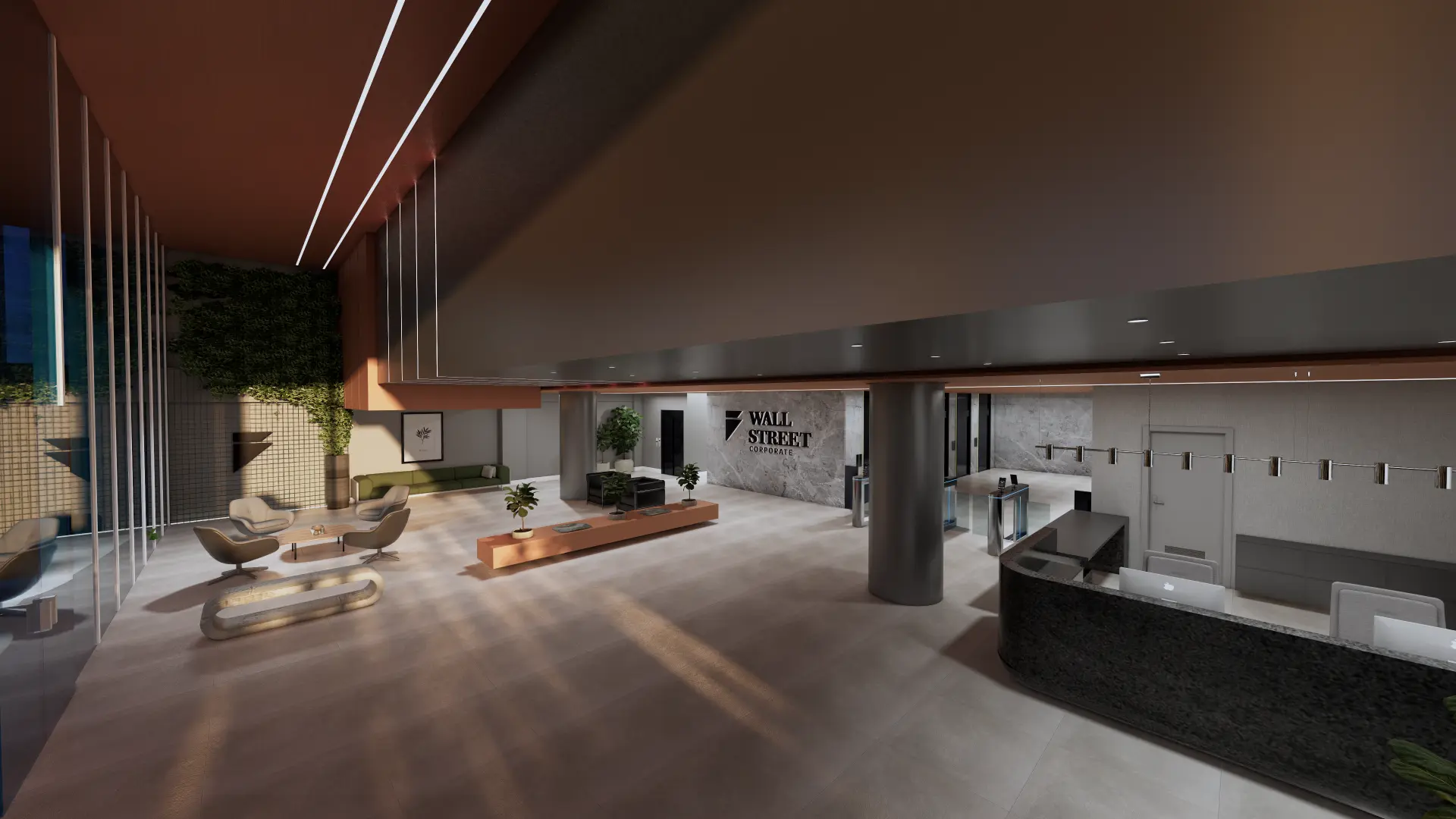 Hall de entrada com recepção e lounge