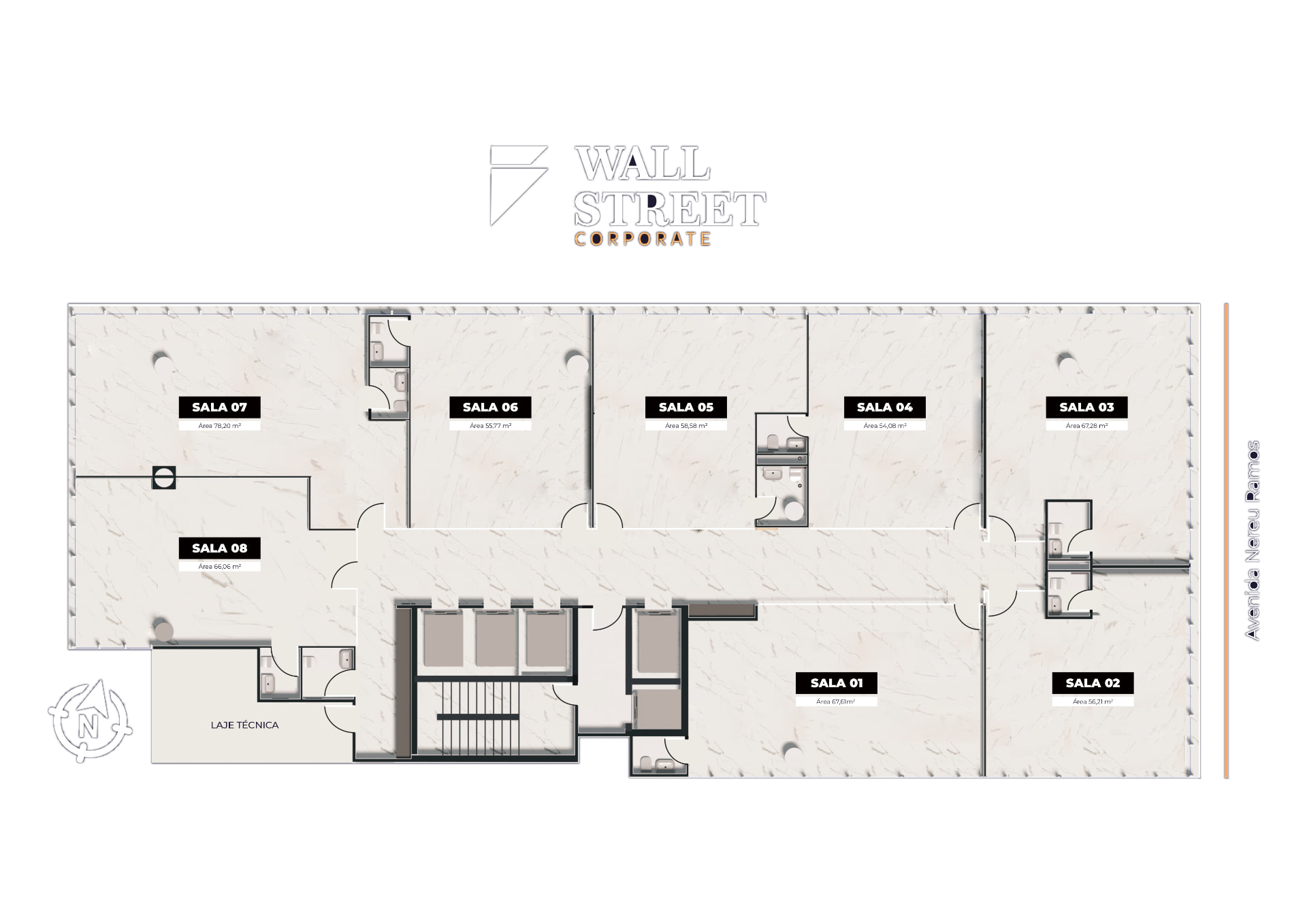 Planta do pavimento tipo com salas de 54 a 78m²