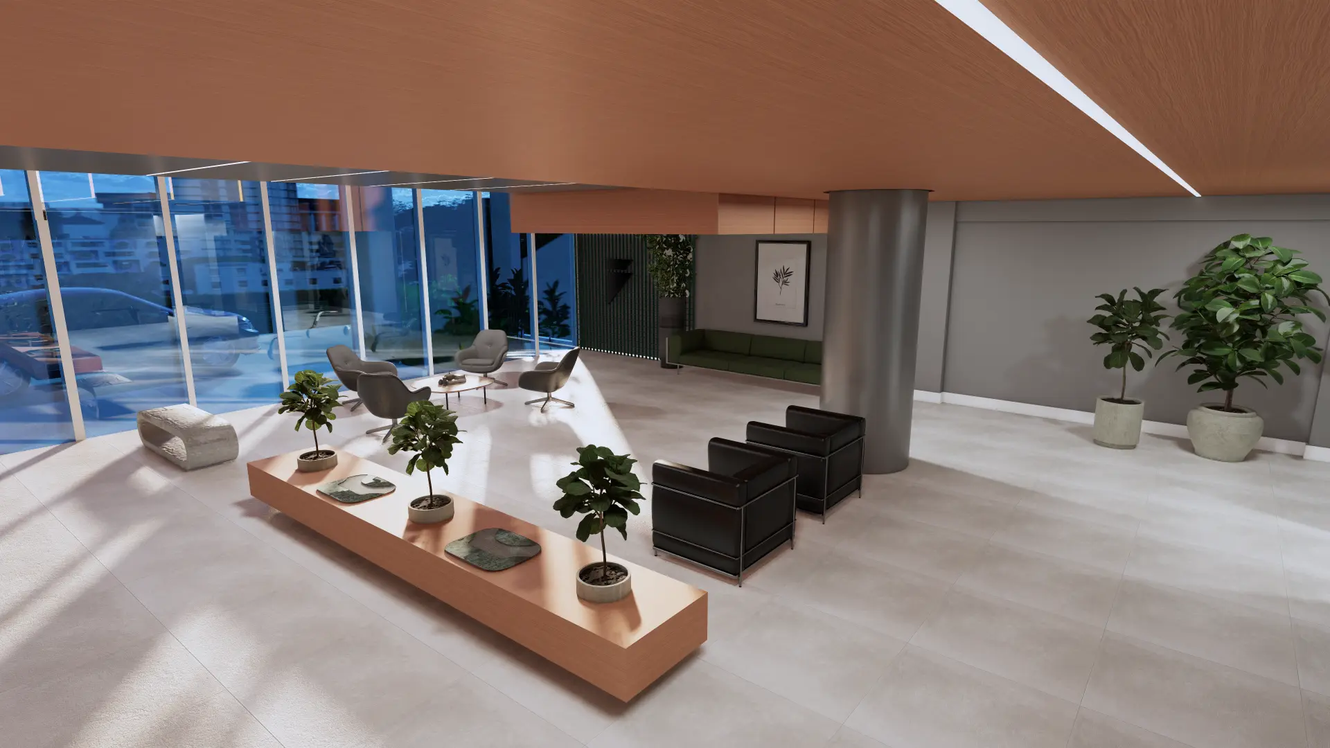 Lounge do hall com vista para o port-cochère