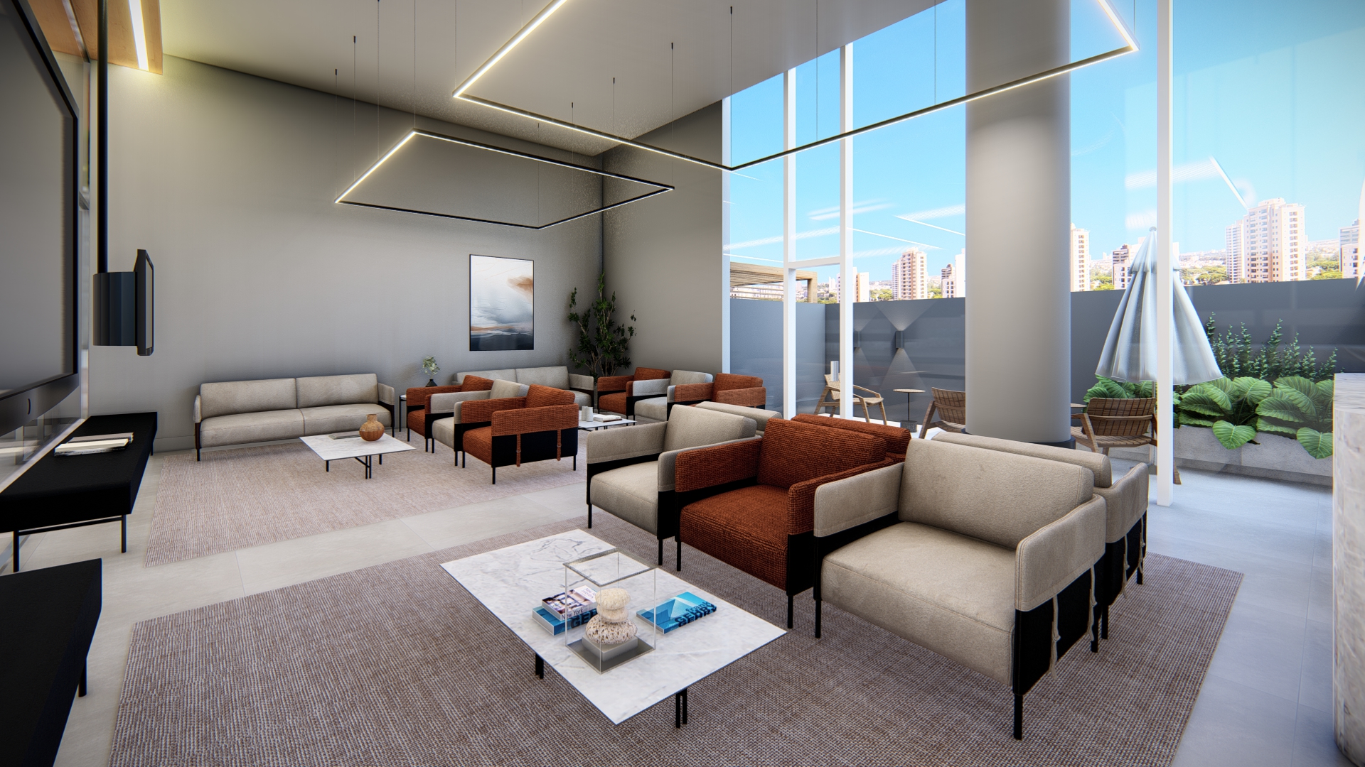 Sala de espera e recepção com terraço