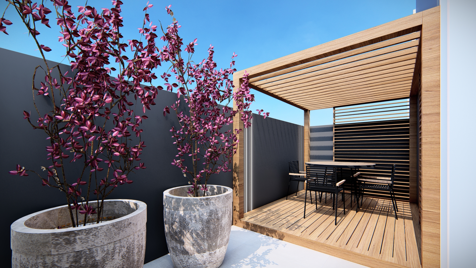 Garden da sala comercial com pergolado